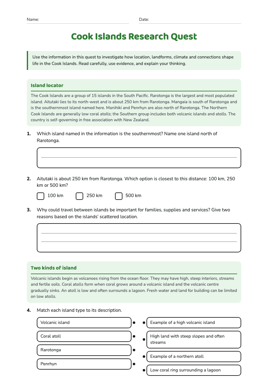 Cook Islands Research Quest worksheet preview