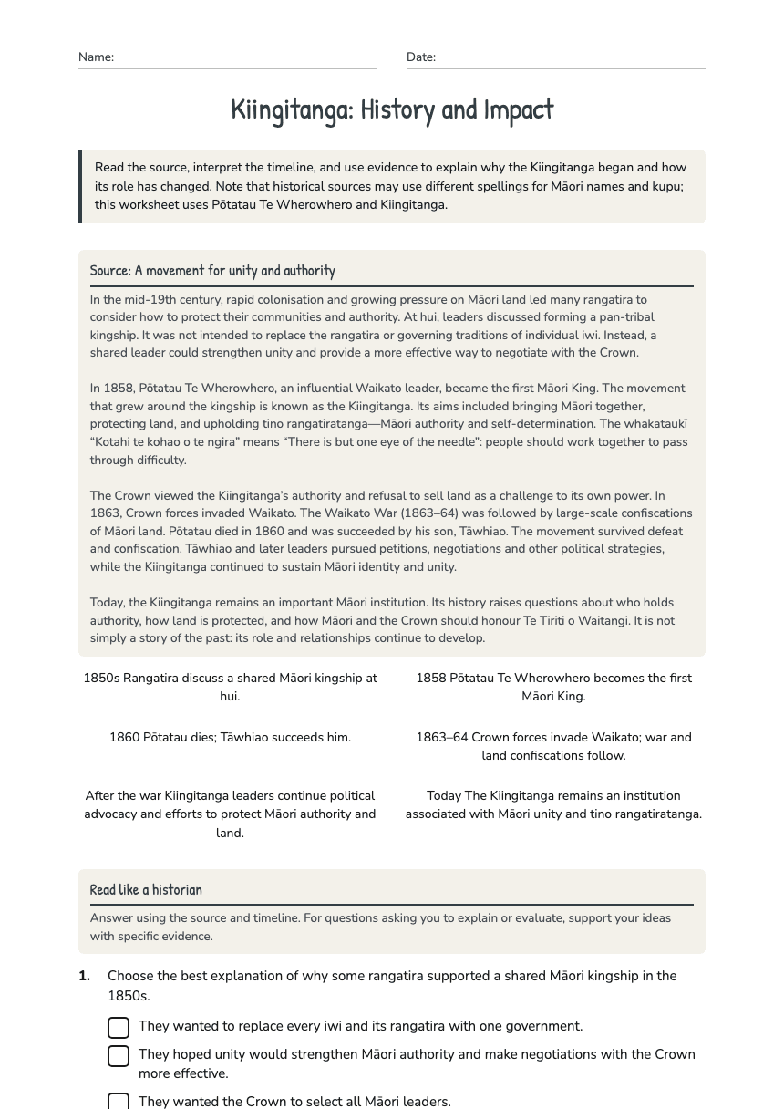 Kiingitanga: History and Impact worksheet preview