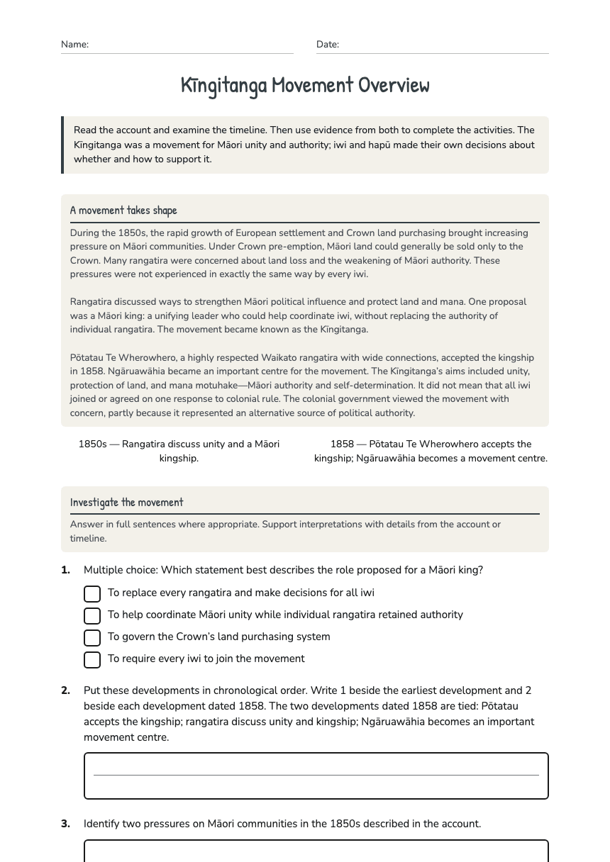 Kīngitanga Movement Overview worksheet preview