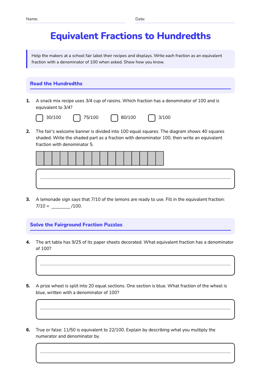 Equivalent Fractions to Hundredths worksheet preview