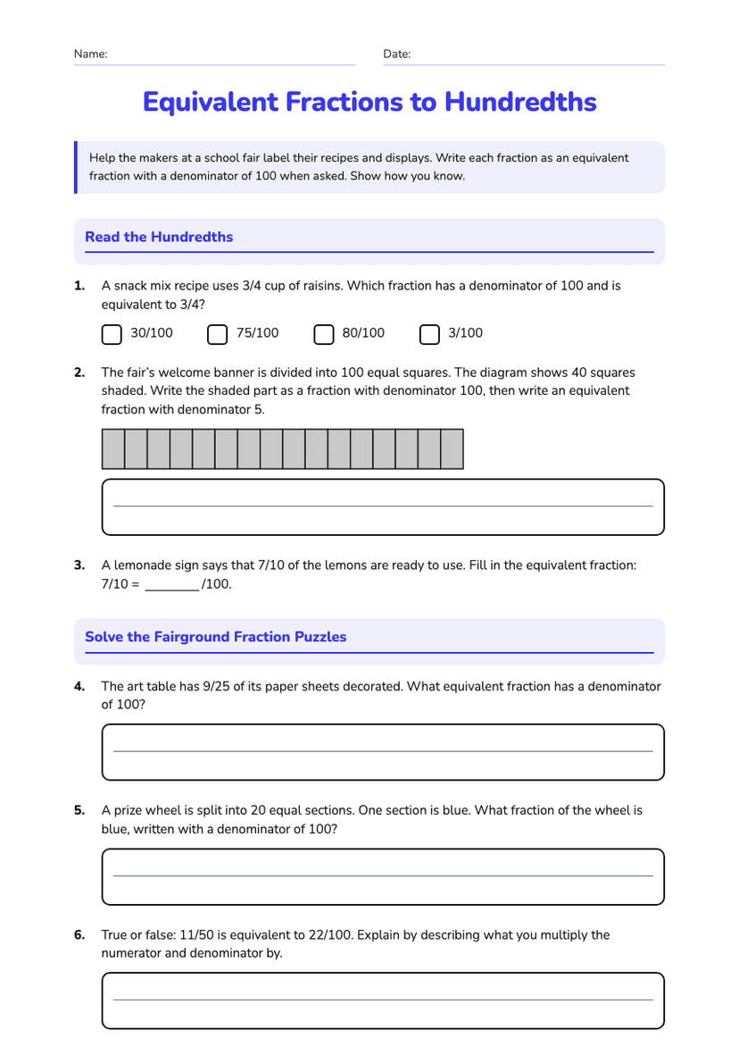 Equivalent Fractions to Hundredths
