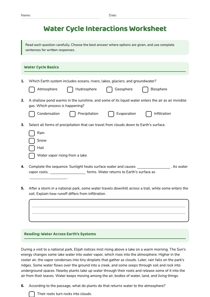 Water Cycle Interactions Worksheet worksheet preview