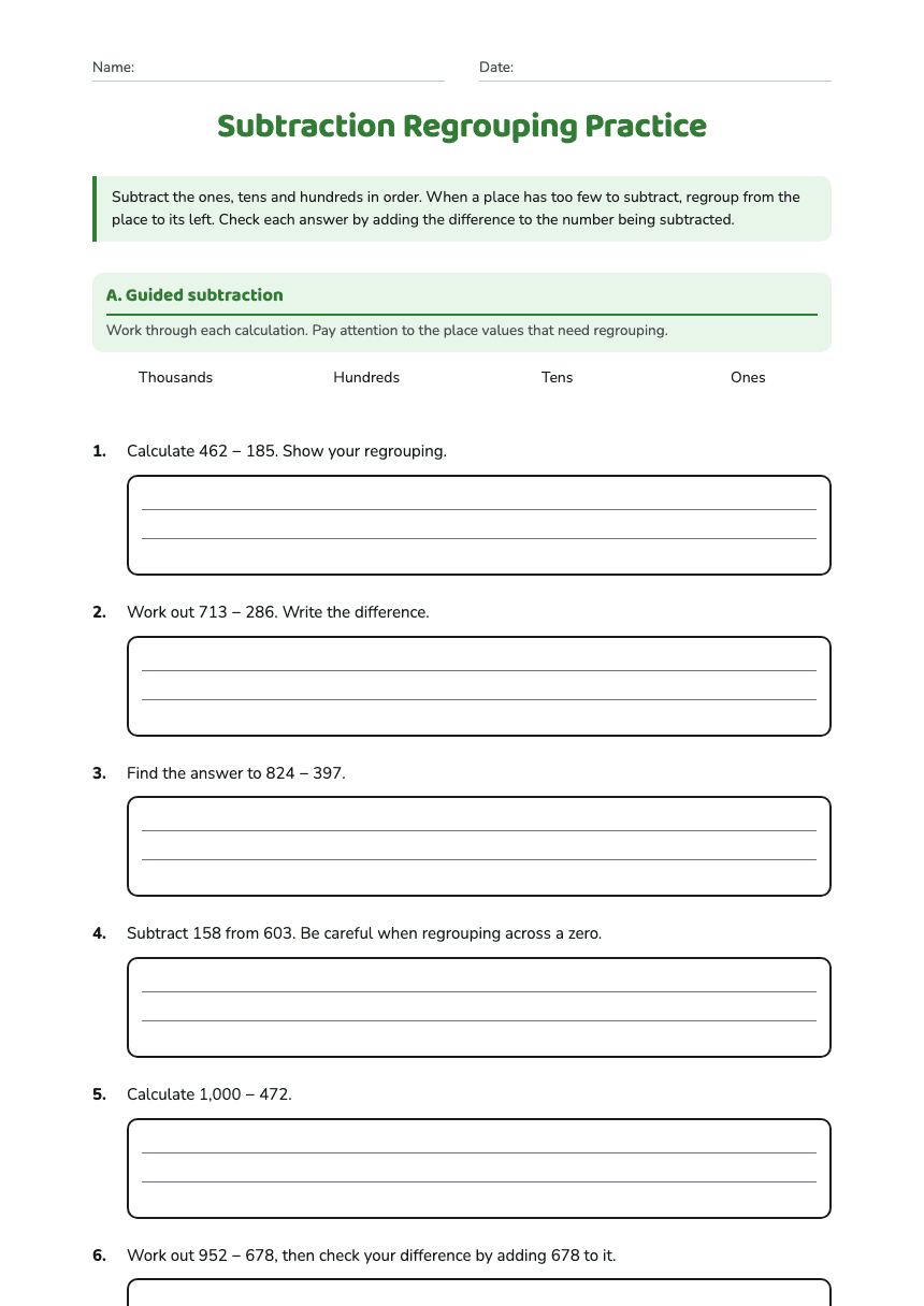 Subtraction Regrouping Practice worksheet preview