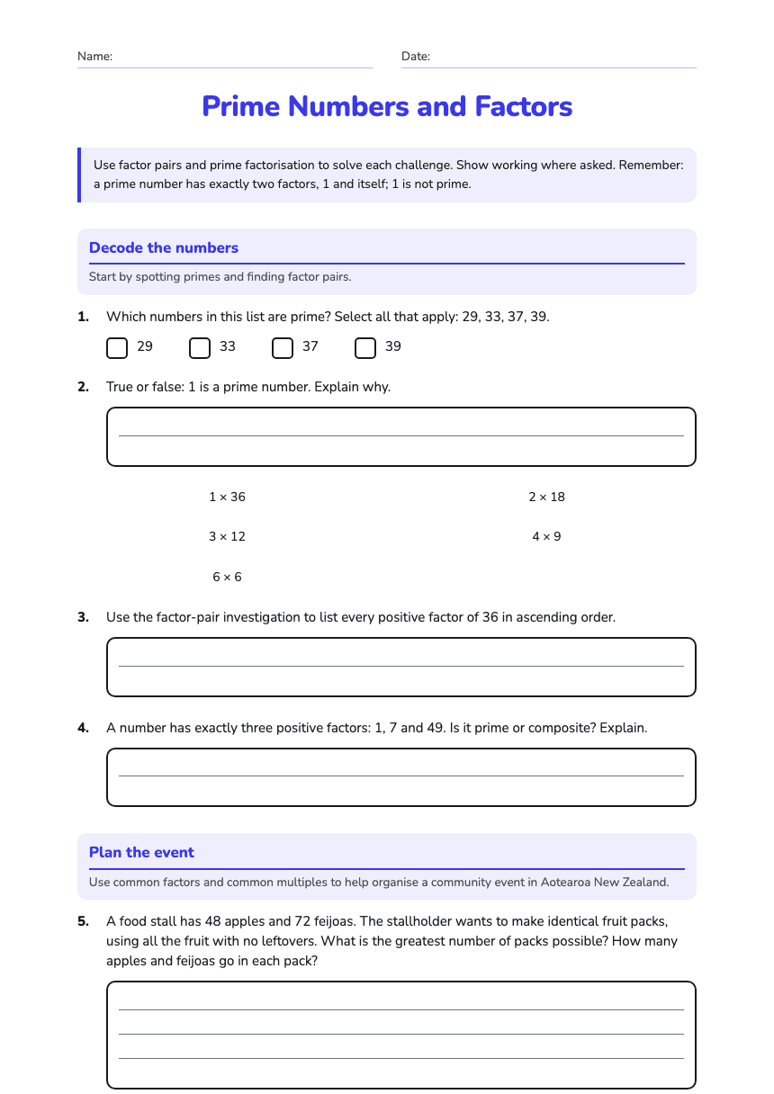 Prime Numbers and Factors worksheet preview
