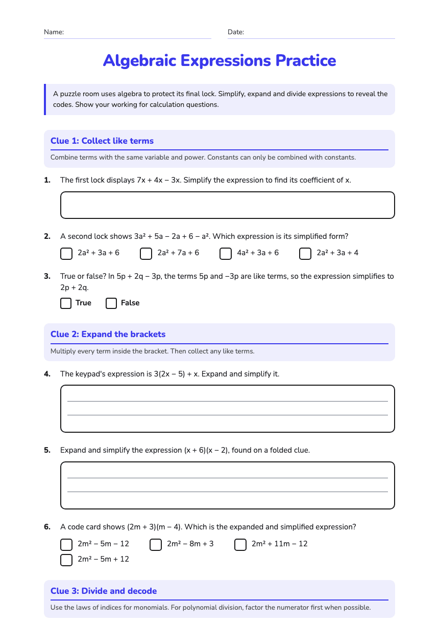 Algebraic Expressions Practice worksheet preview