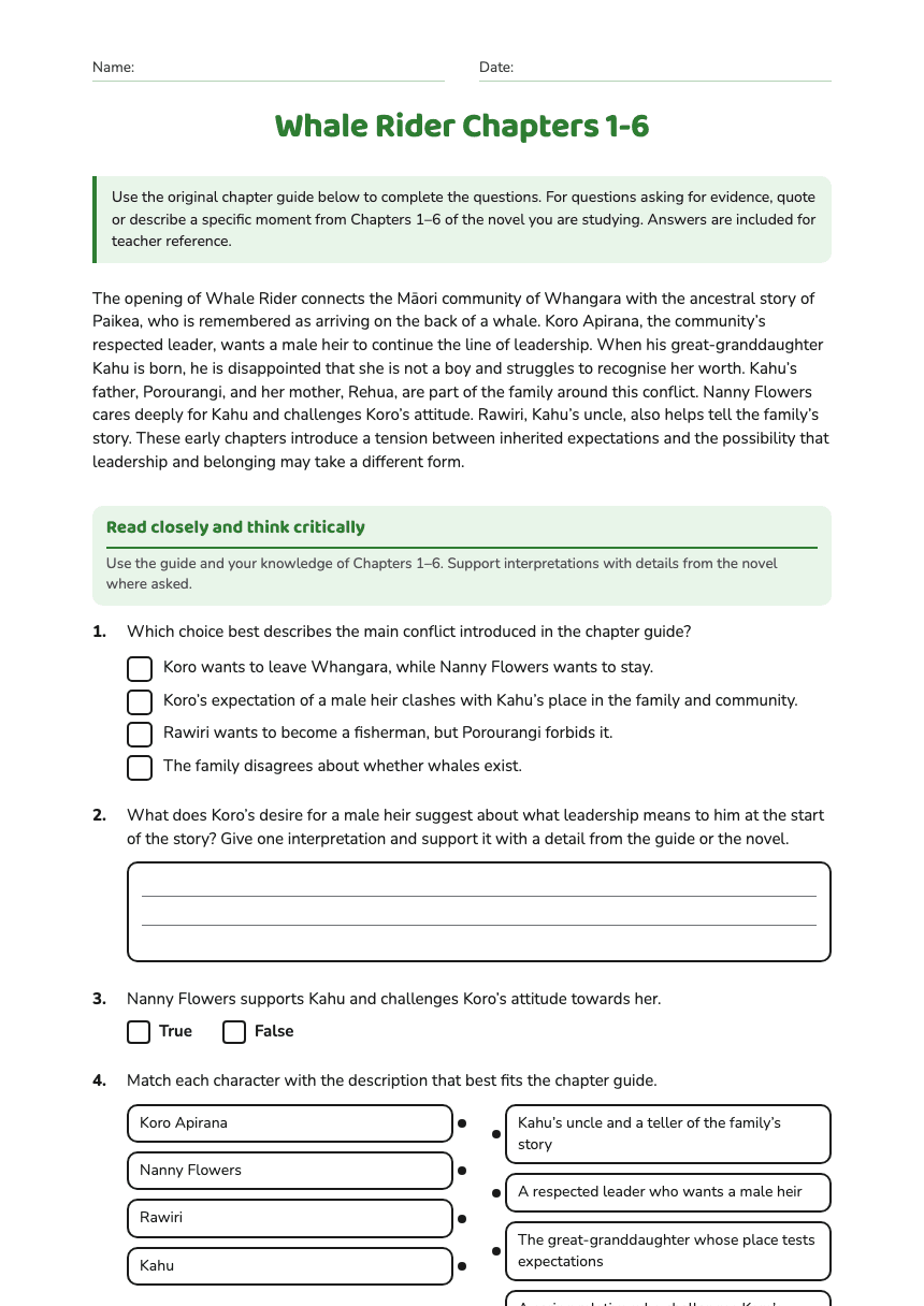 Whale Rider Chapters 1-6 worksheet preview