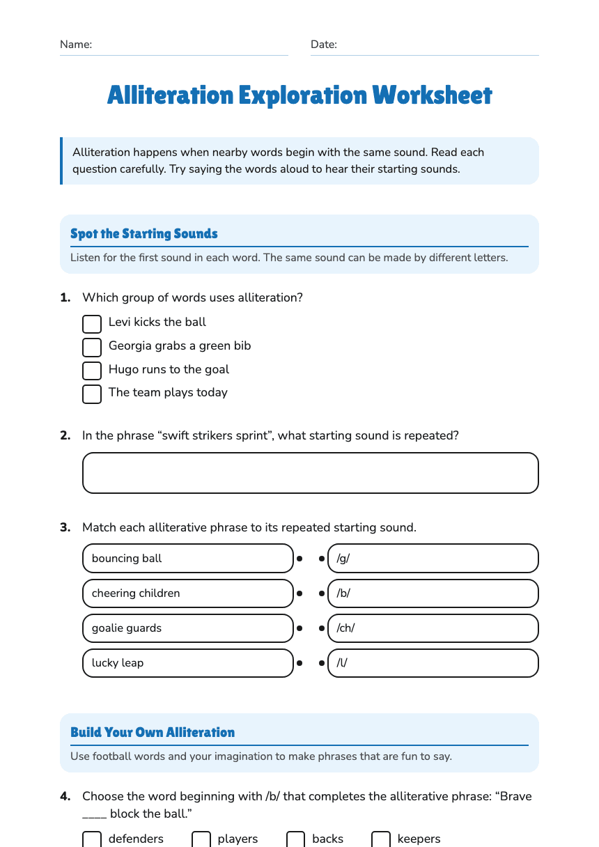 Alliteration Exploration Worksheet worksheet preview