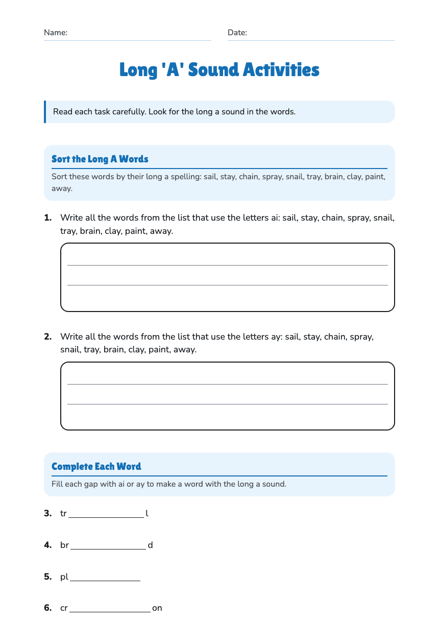 Long 'A' Sound Activities worksheet preview