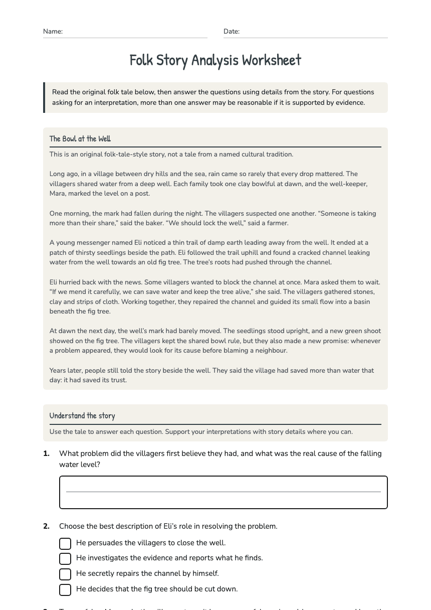Folk Story Analysis Worksheet worksheet preview