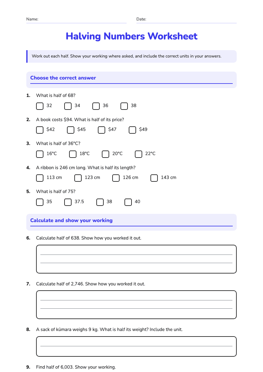 Halving Numbers Worksheet worksheet preview