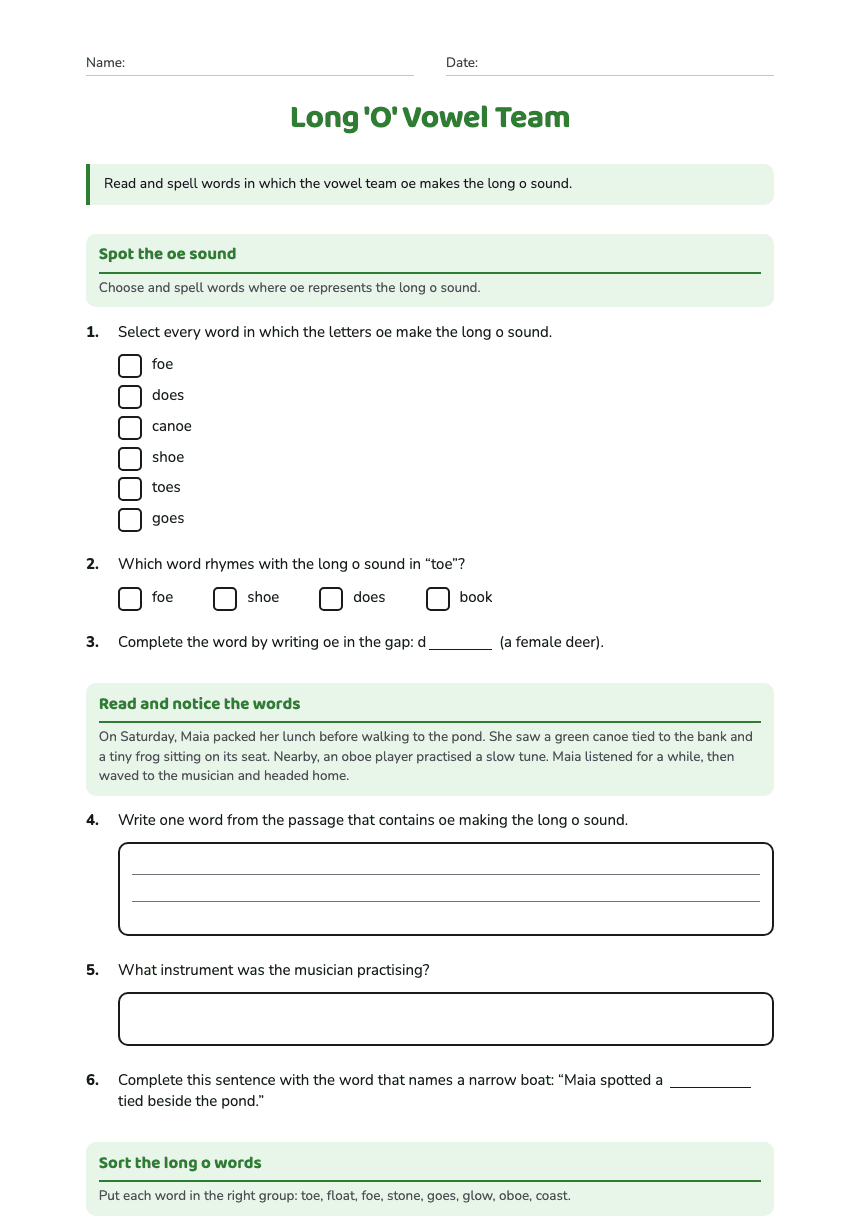 Long 'O' Vowel Team worksheet preview