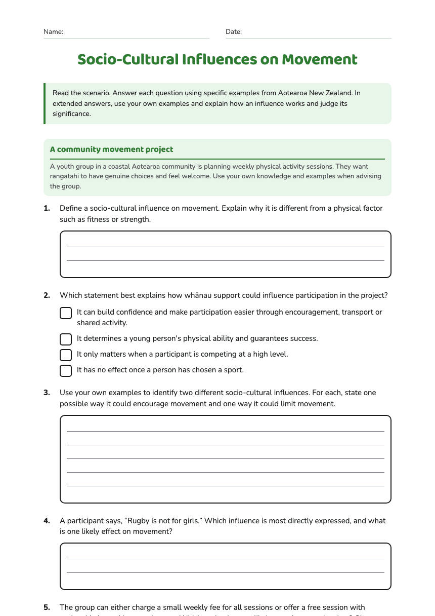 Socio-Cultural Influences on Movement worksheet preview