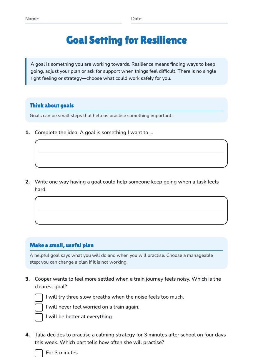 Goal Setting for Resilience worksheet preview