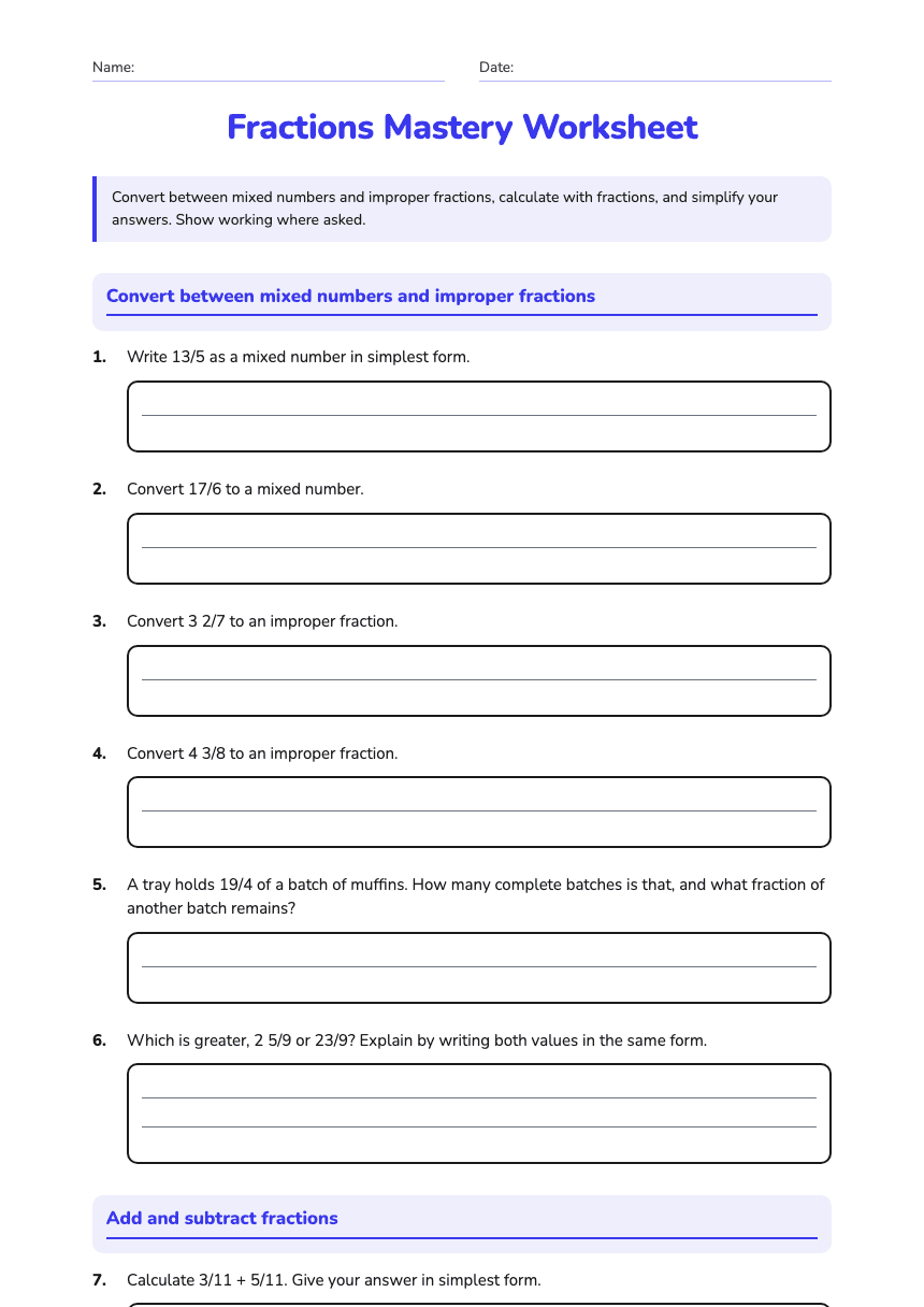 Fractions Mastery Worksheet worksheet preview