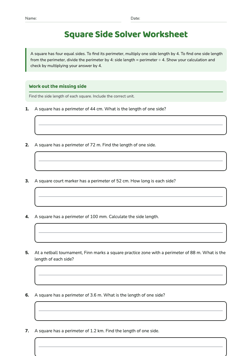 Square Side Solver Worksheet worksheet preview