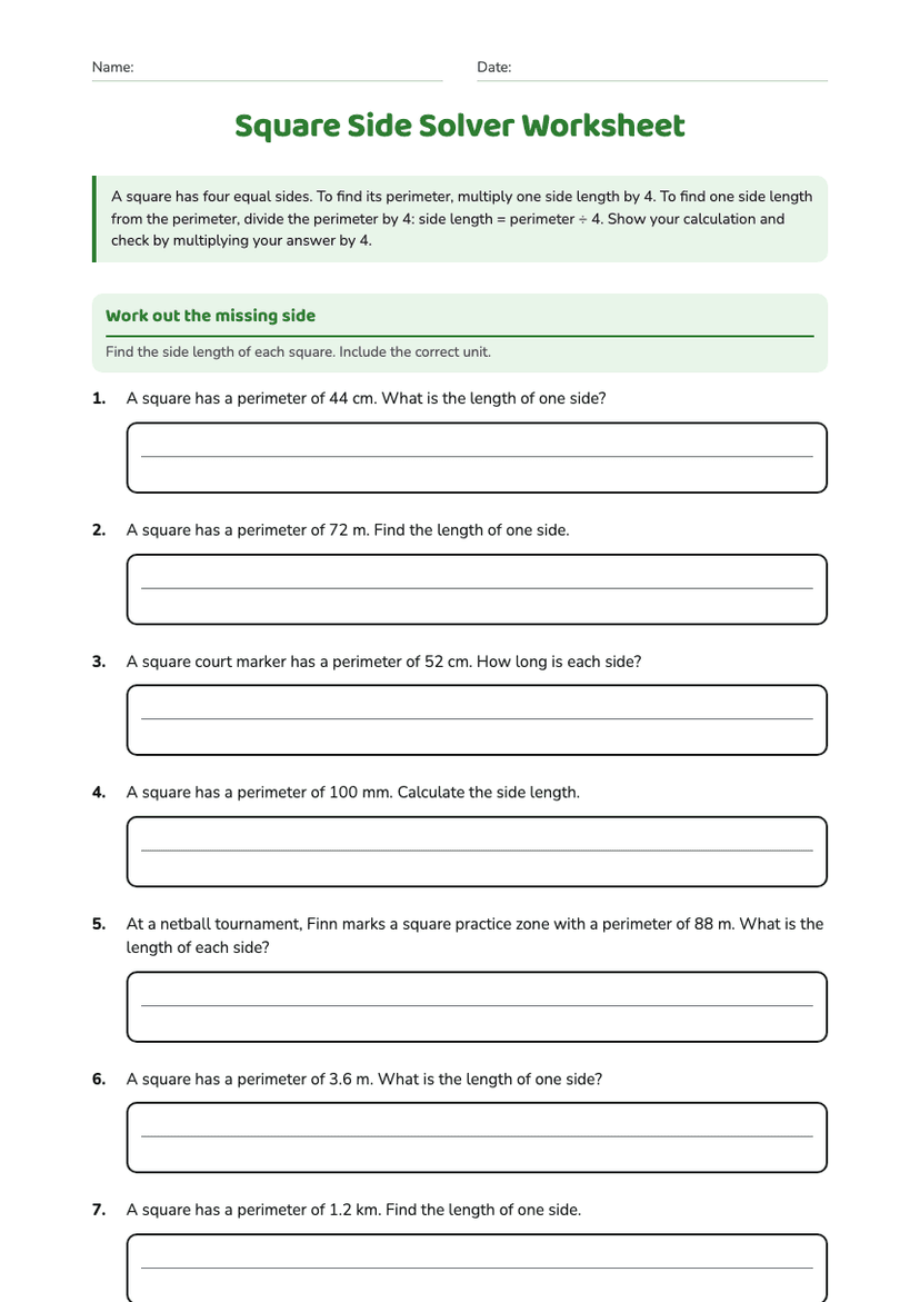 Square Side Solver Worksheet