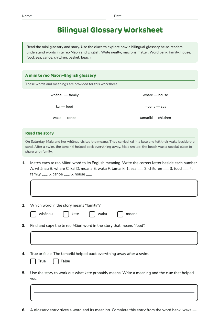 Bilingual Glossary Worksheet worksheet preview