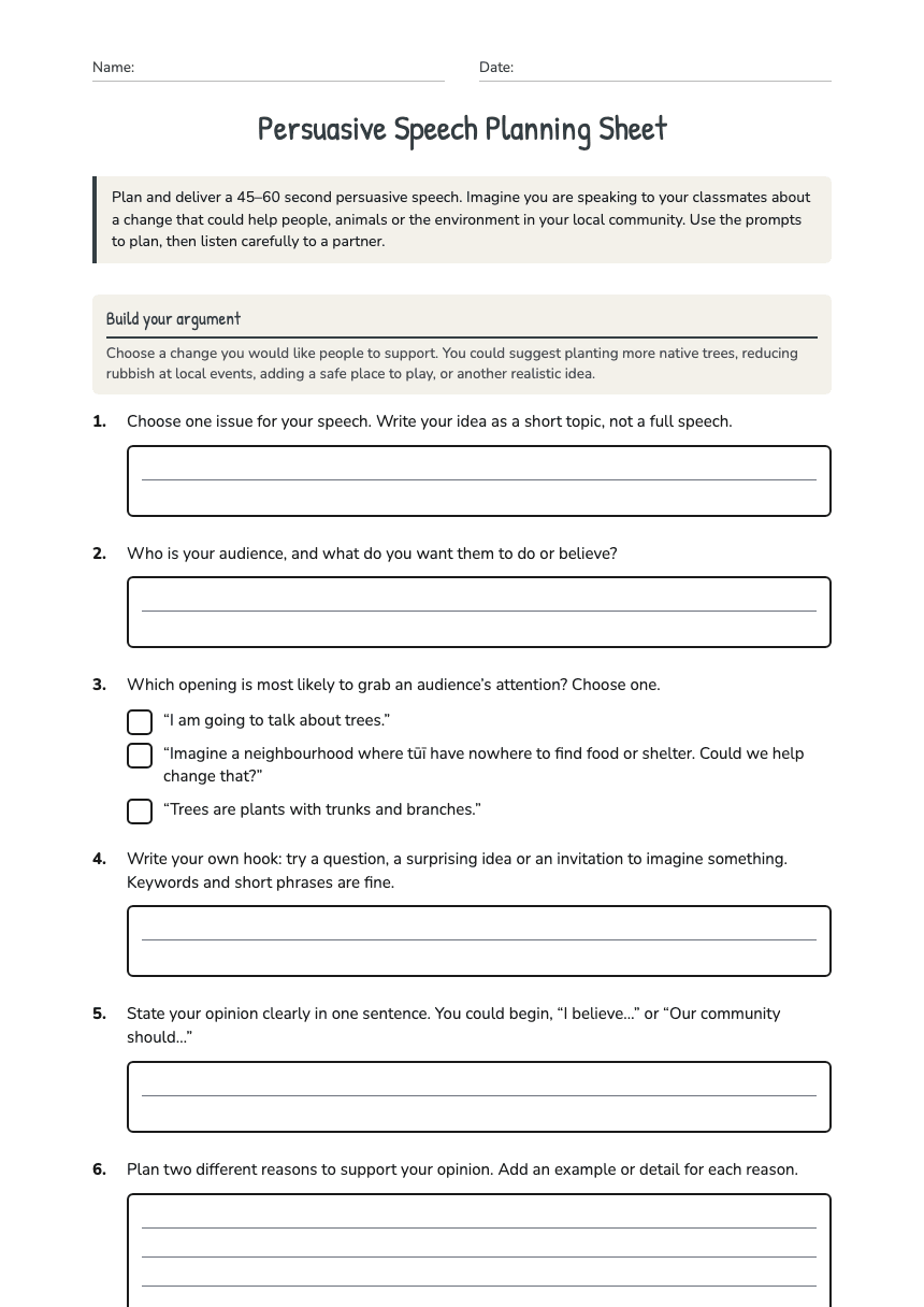 Persuasive Speech Planning Sheet worksheet preview