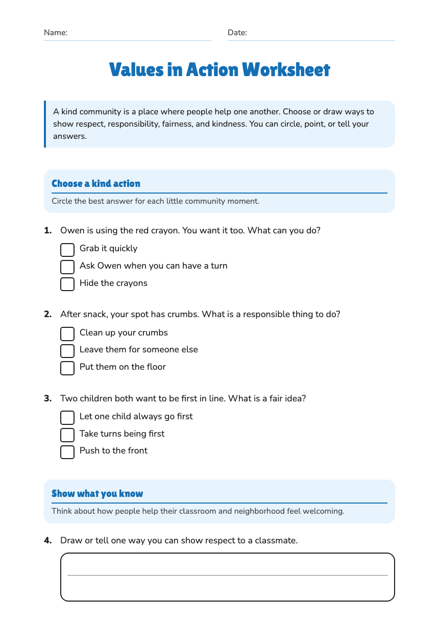 Values in Action Worksheet worksheet preview
