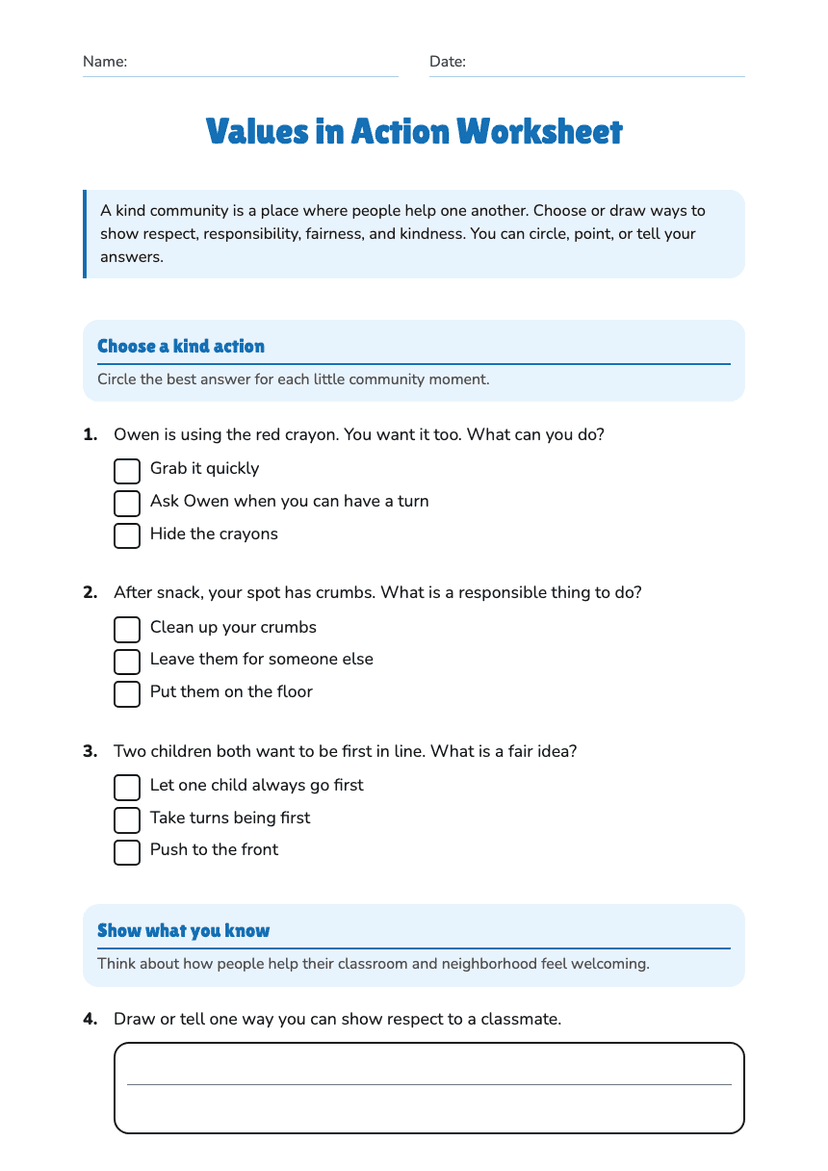 Values in Action Worksheet
