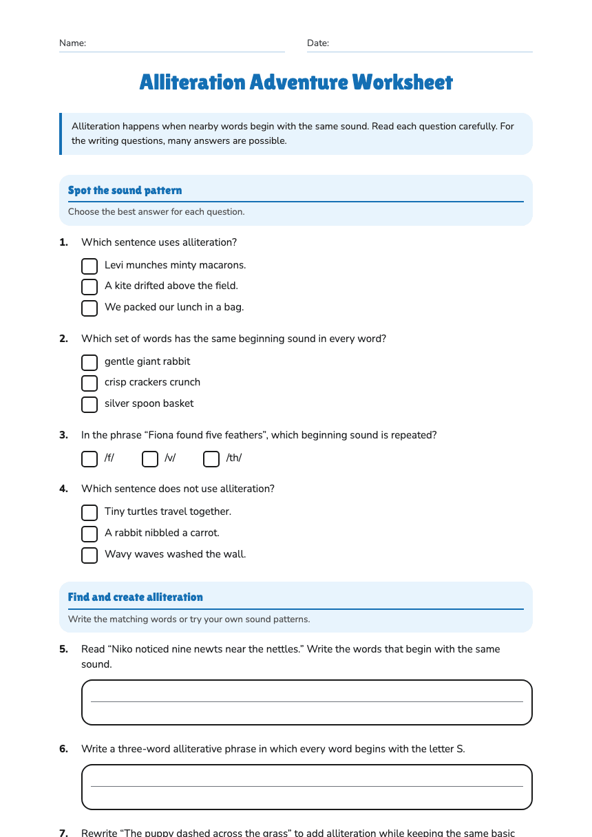 Alliteration Adventure Worksheet worksheet preview