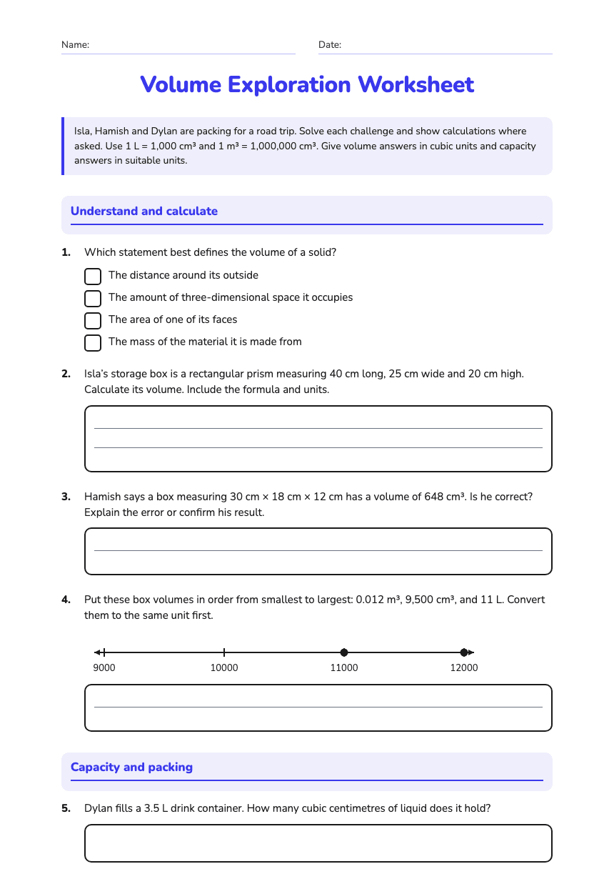 Volume Exploration Worksheet worksheet preview