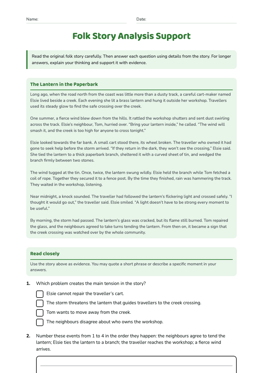 Folk Story Analysis Support worksheet preview