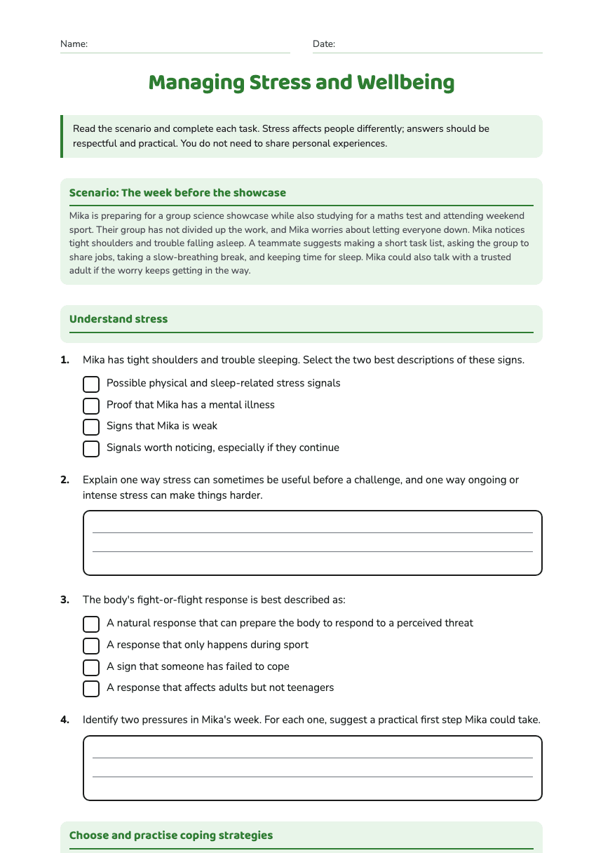 Managing Stress and Wellbeing worksheet preview