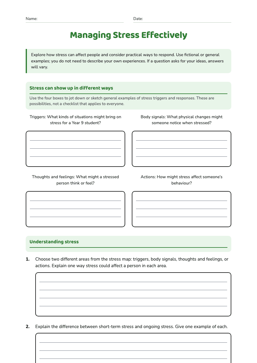 Managing Stress Effectively worksheet preview