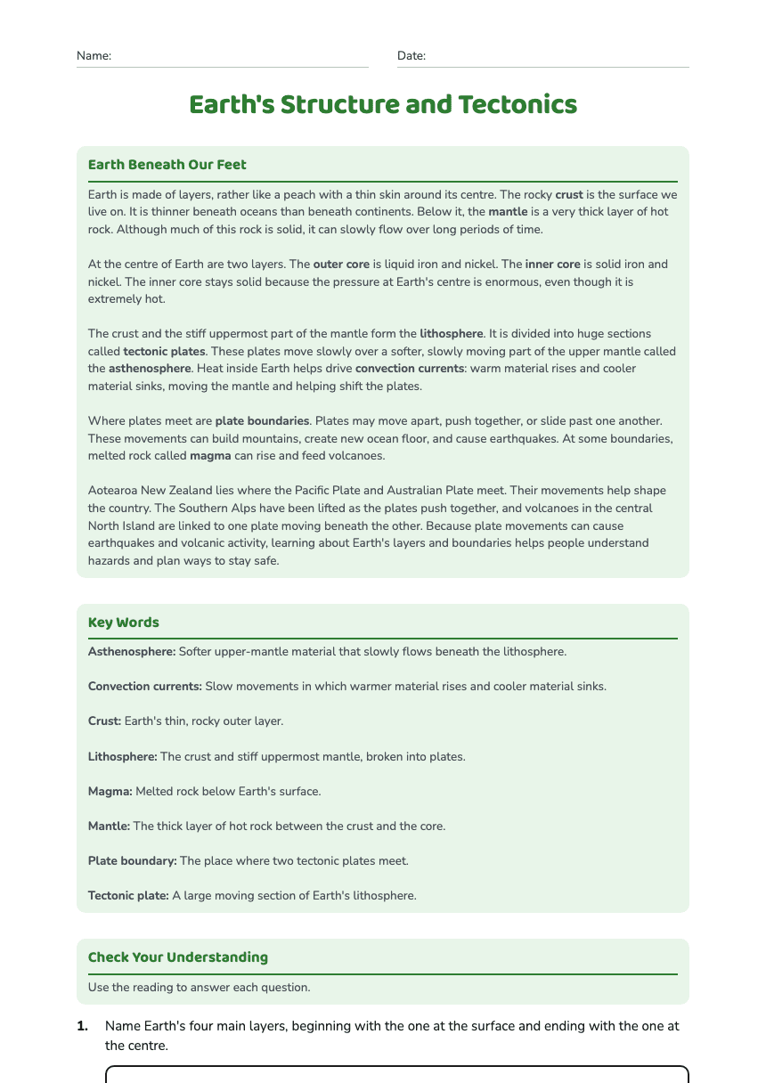 Earth's Structure and Tectonics worksheet preview