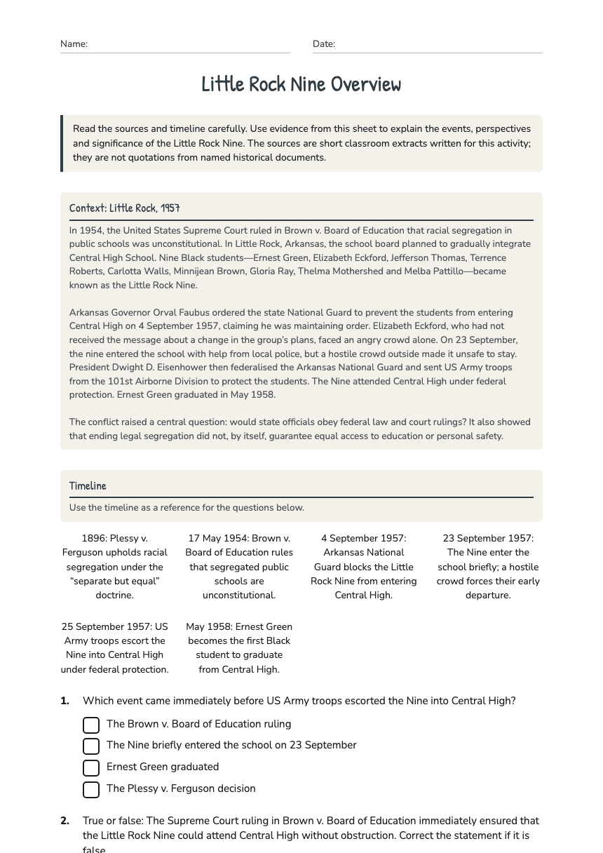 Little Rock Nine Overview worksheet preview