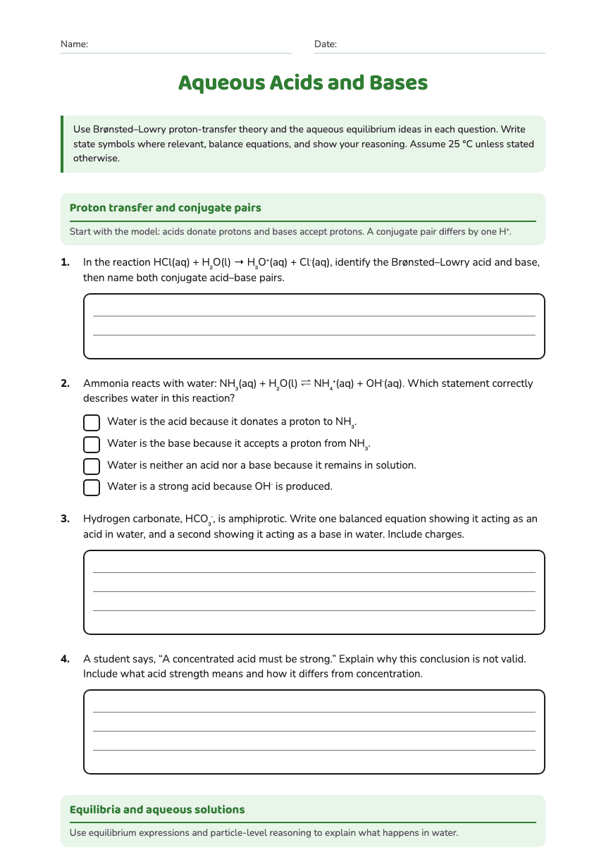 Aqueous Acids and Bases worksheet preview