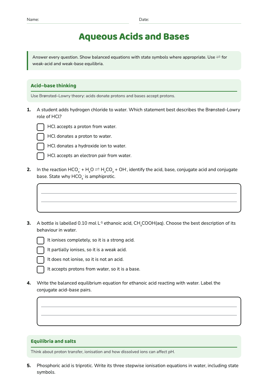 Aqueous Acids and Bases worksheet preview