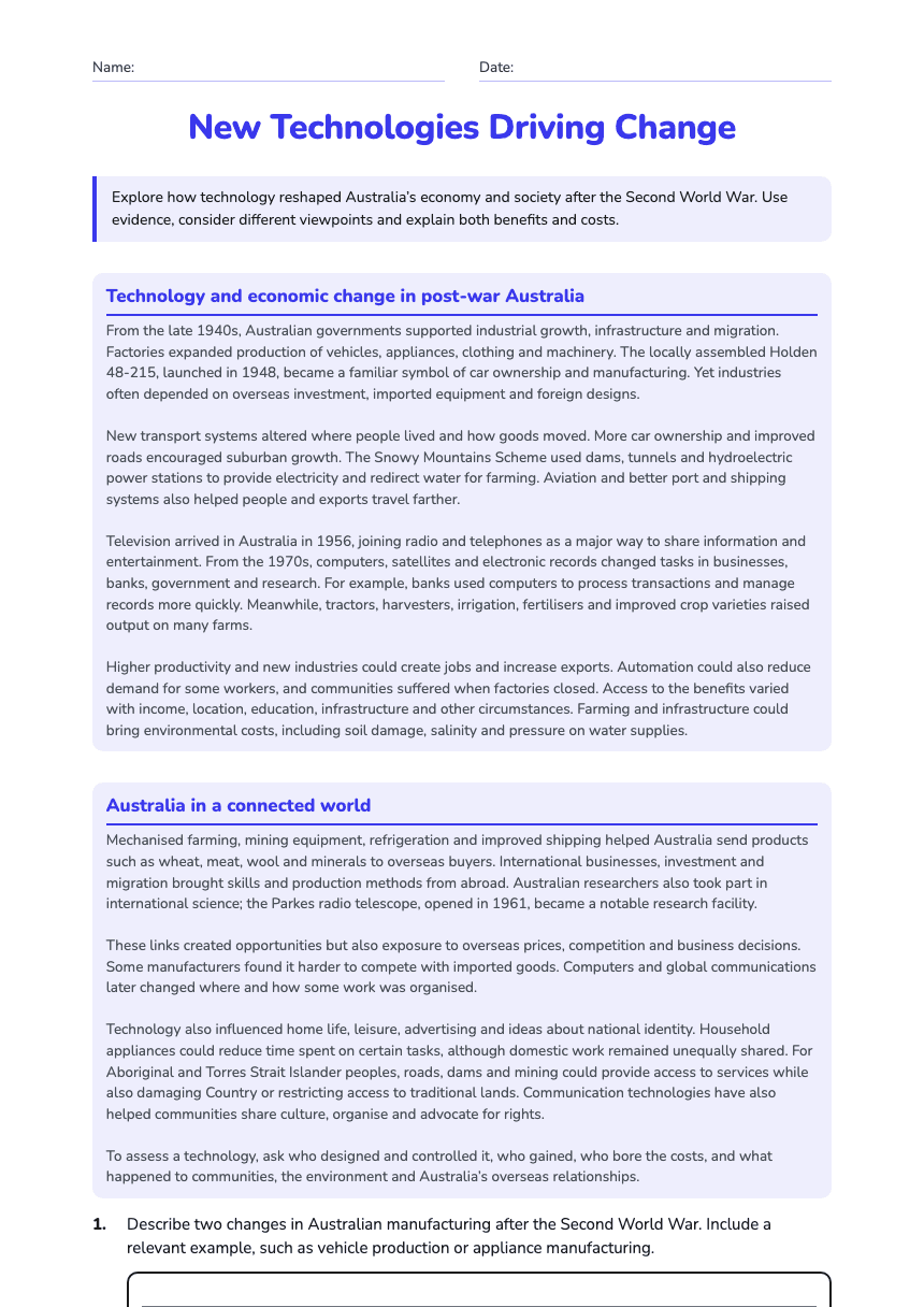 New Technologies Driving Change worksheet preview