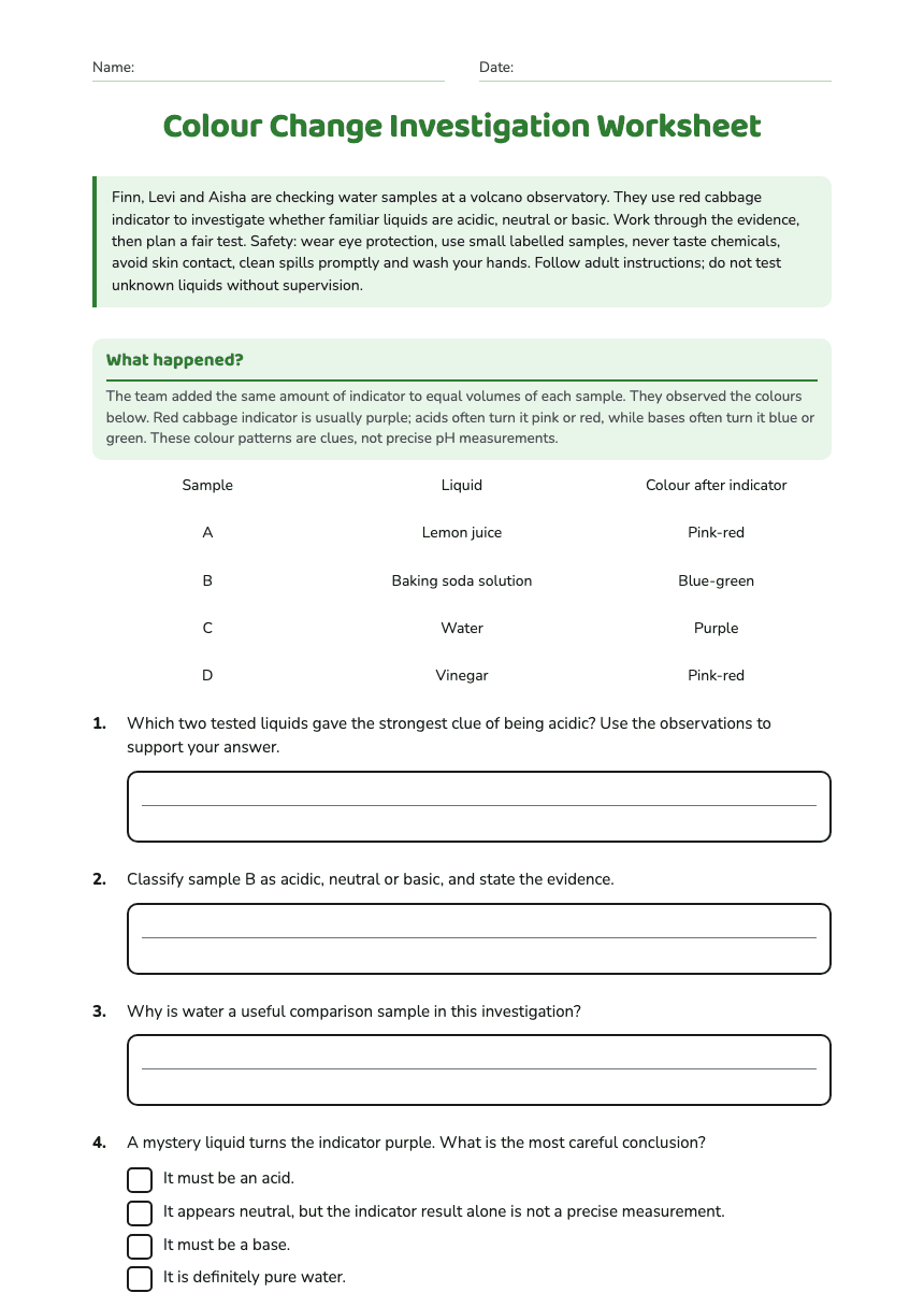 Colour Change Investigation Worksheet worksheet preview