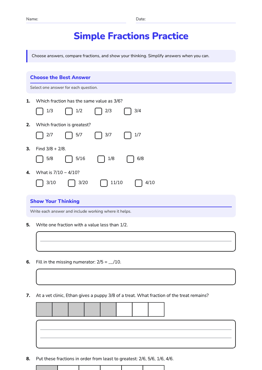 Simple Fractions Practice worksheet preview