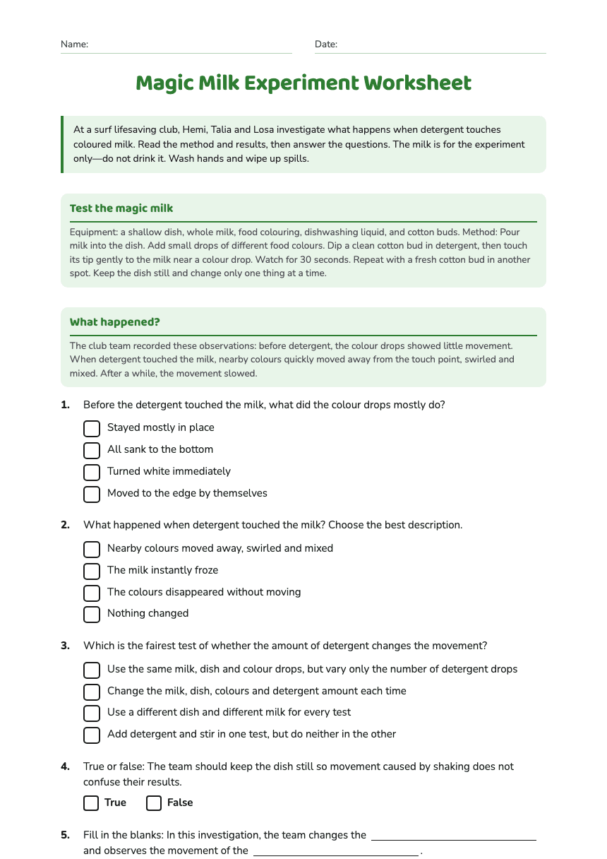Magic Milk Experiment Worksheet worksheet preview