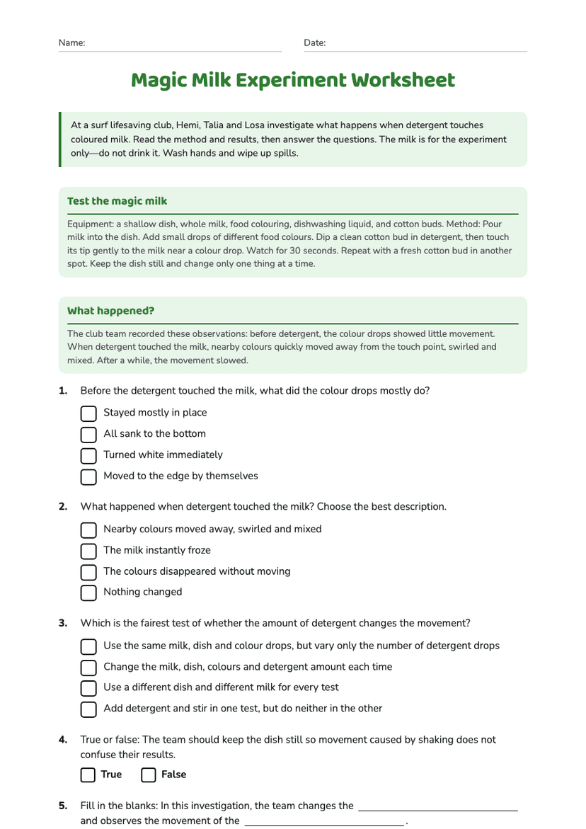 Magic Milk Experiment Worksheet