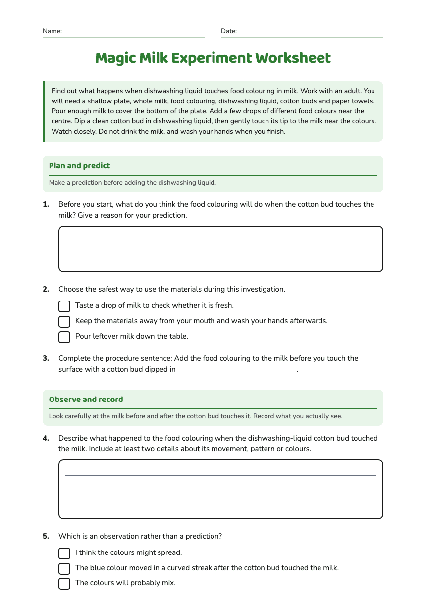 Magic Milk Experiment Worksheet worksheet preview
