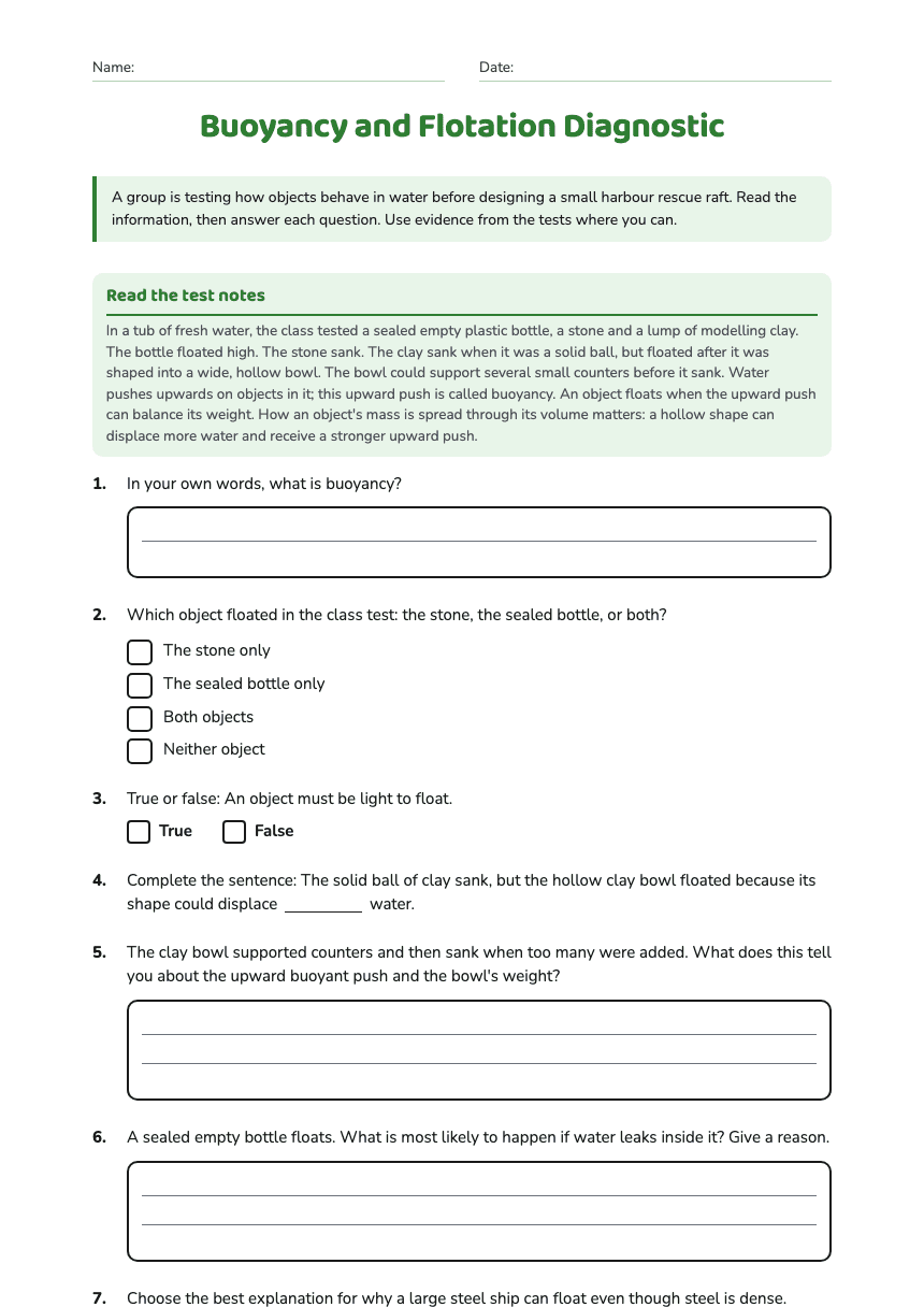 Buoyancy and Flotation Diagnostic worksheet preview