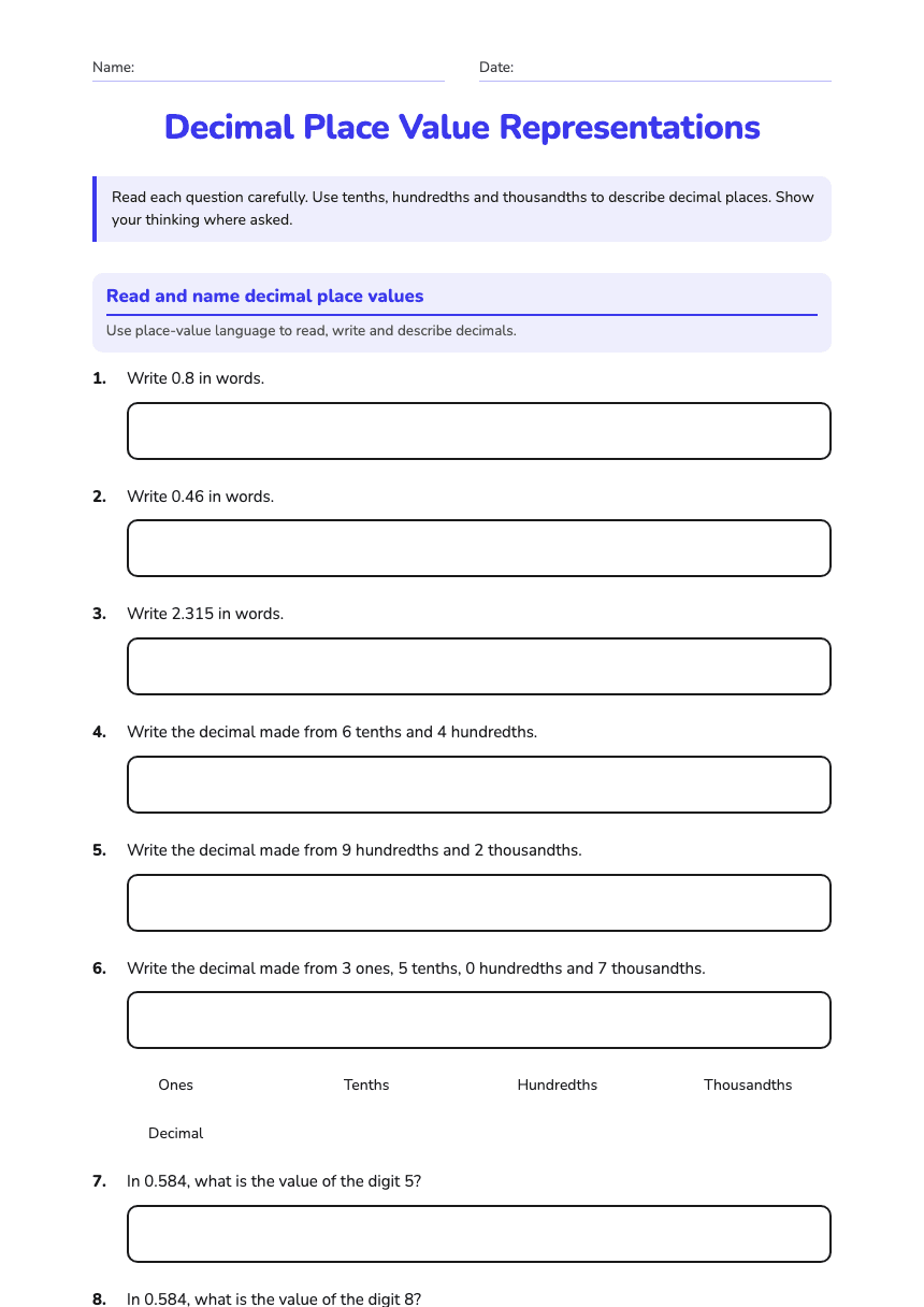 Decimal Place Value Representations worksheet preview
