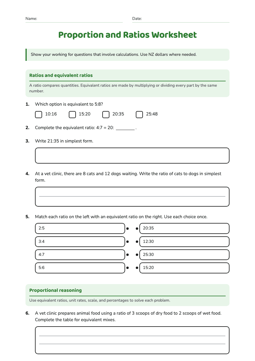 Proportion and Ratios Worksheet worksheet preview