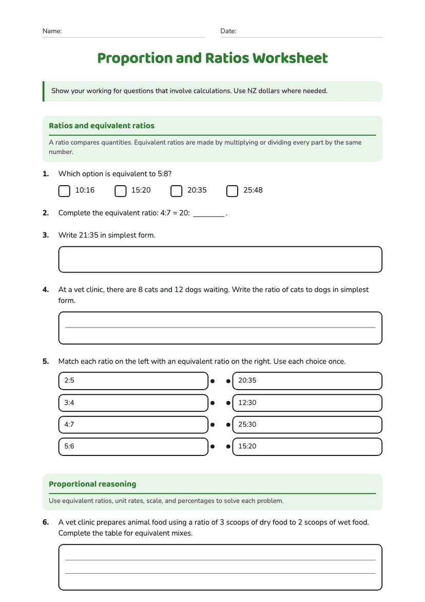 Proportion and Ratios Worksheet