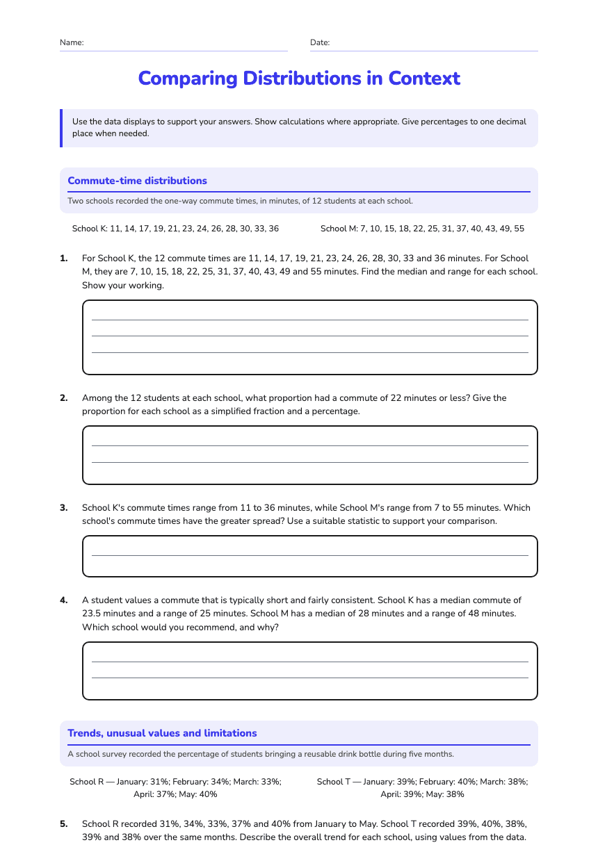 Comparing Distributions in Context worksheet preview