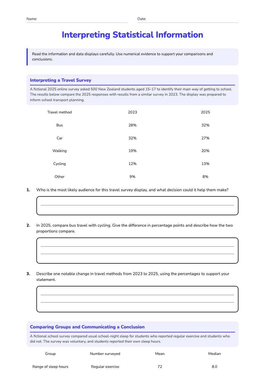 Interpreting Statistical Information worksheet preview