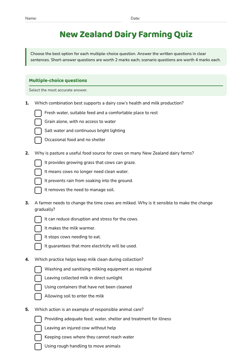 New Zealand Dairy Farming Quiz worksheet preview