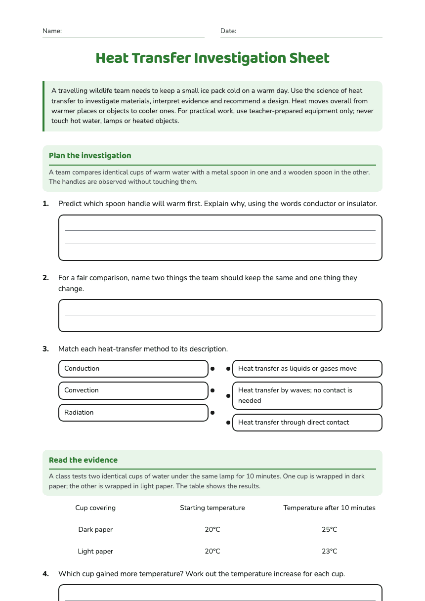 Heat Transfer Investigation Sheet worksheet preview