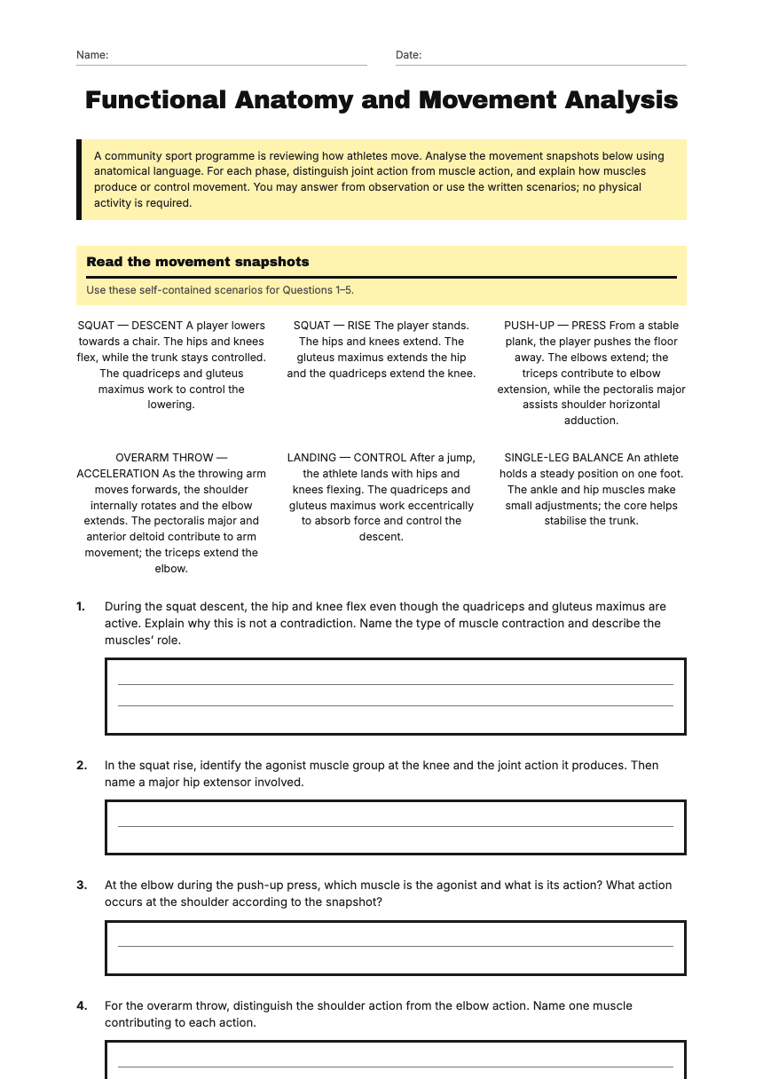 Functional Anatomy and Movement Analysis worksheet preview