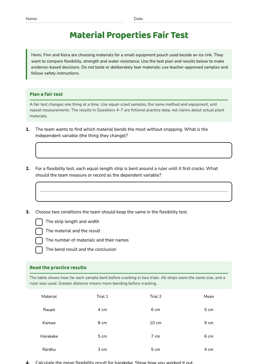 Material Properties Fair Test worksheet preview