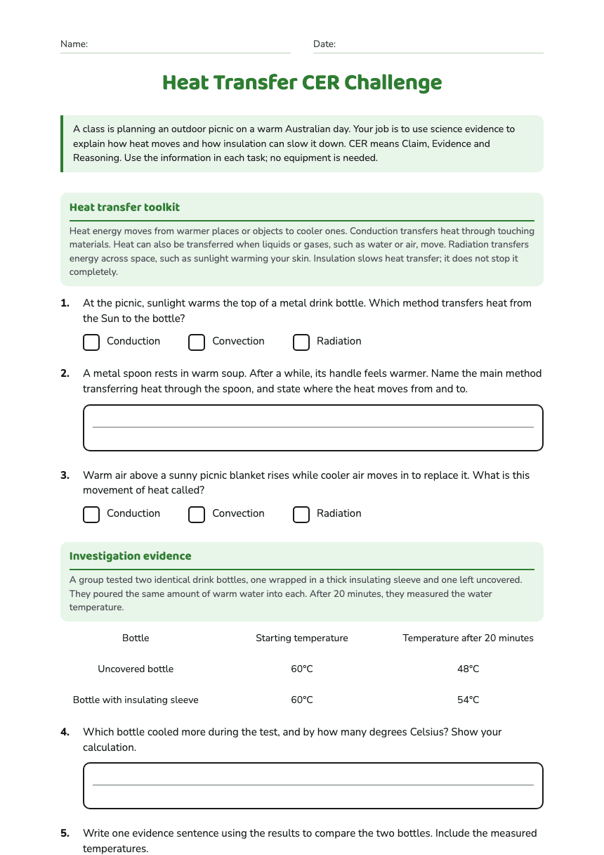 Heat Transfer CER Challenge worksheet preview